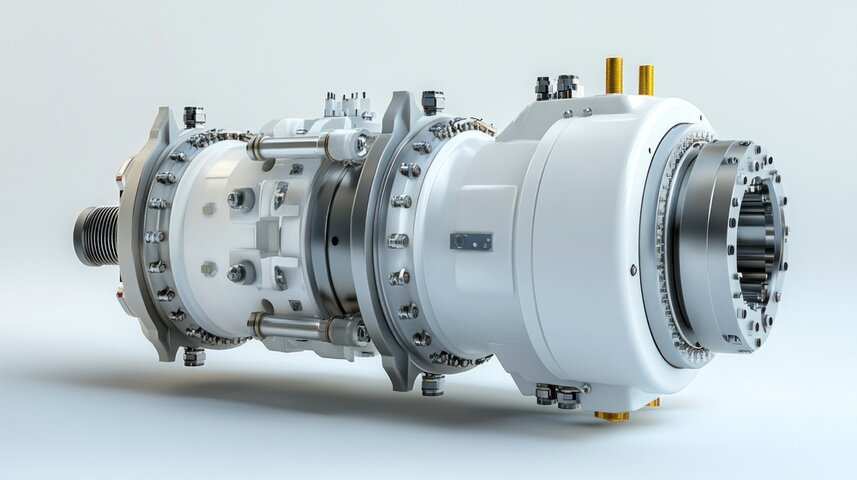 Un compresseur centrifuge de pipeline très détaillé avec des composants industriels dans une finition blanche élégante